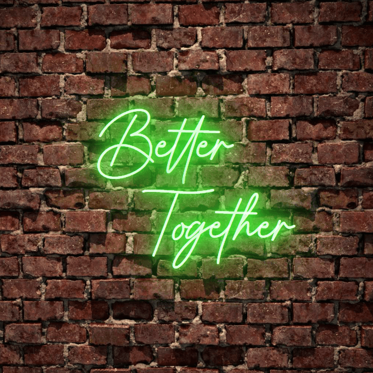 Better Together - The classic wedding sign, fully customised led neon sign in green colour. Premium LED neon tubing used with 7mm thick acrylic clear backing, cut to shape. Perfect for a wall light for your room or business or as a wedding neon sign. Free delivery included within australia. Neonlightsigns create the best neon sign 2021 online and cheap to create your personalised custom neon sign.