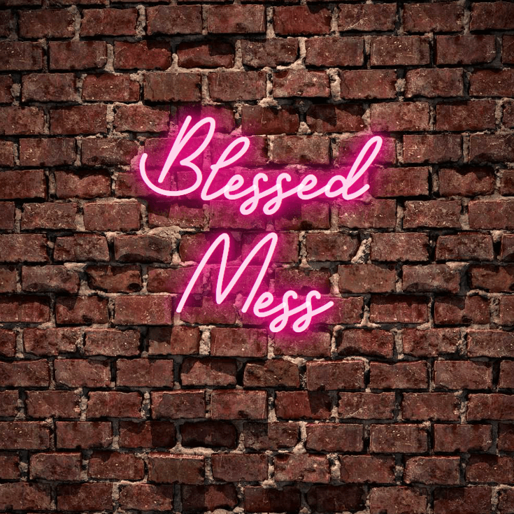 Blessed Mess- A beautiful, fully customised led neon sign in rose purple colour. This is the sign for your room. Premium LED neon tubing used with 7mm thick acrylic clear backing, cut to shape. Perfect for a wall light for your room or business or as a wedding neon sign. Free delivery included within australia. Neonlightsigns create the best neon sign 2021 online and cheap to create your personalised custom neon sign.