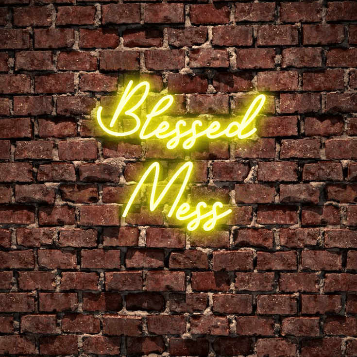 Blessed Mess- A beautiful, fully customised led neon sign in accent yellow colour. This is the sign for your room. Premium LED neon tubing used with 7mm thick acrylic clear backing, cut to shape. Perfect for a wall light for your room or business or as a wedding neon sign. Free delivery included within australia. Neonlightsigns create the best neon sign 2021 online and cheap to create your personalised custom neon sign.